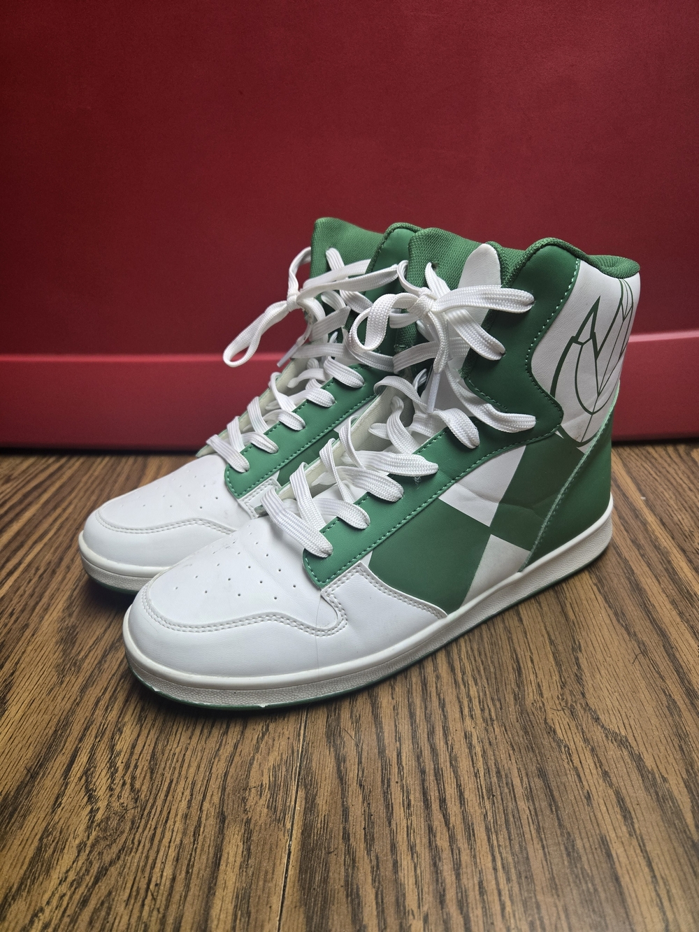 Men's Power Ranger Green and White High-Top Athletic Sneakers.